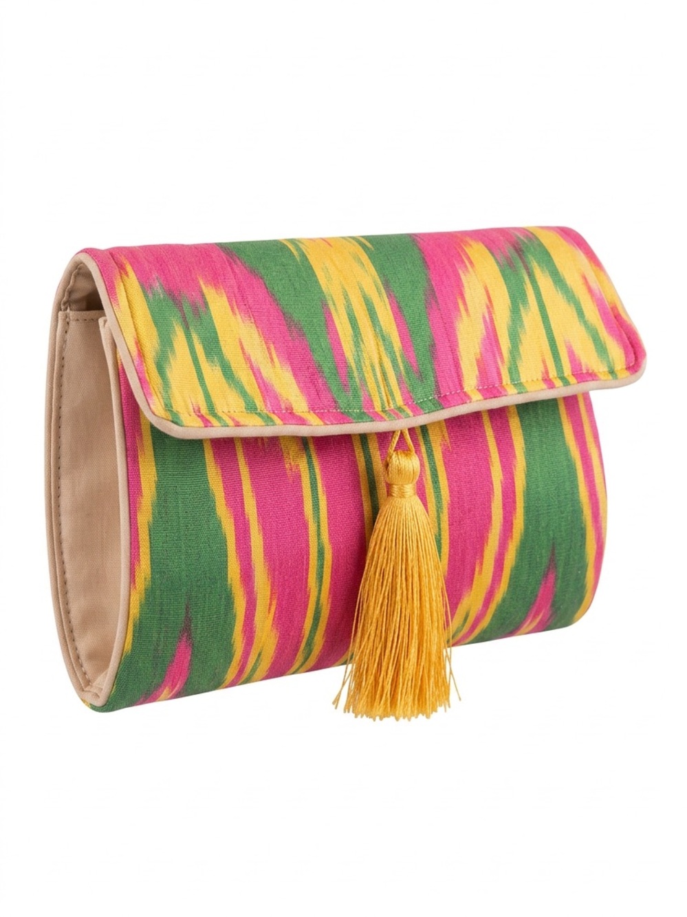 Colorful Ikat Tassel Clutch - Pink, Yellow & Green| Removable Chain